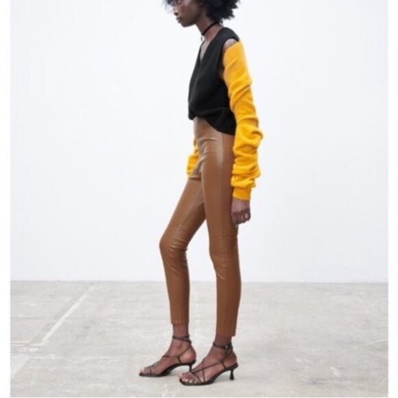 BNWT  Zara Brown Faux Leather High Rise Leggings w Raw Hem size XS - Picture 1 of 15